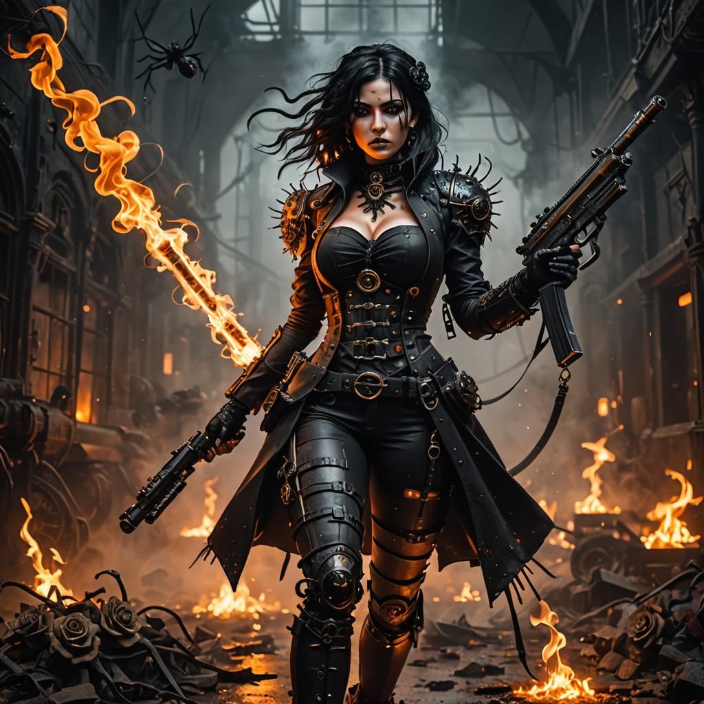Gothic Steampunk Girl on Flames with Cyberpunk Rifle