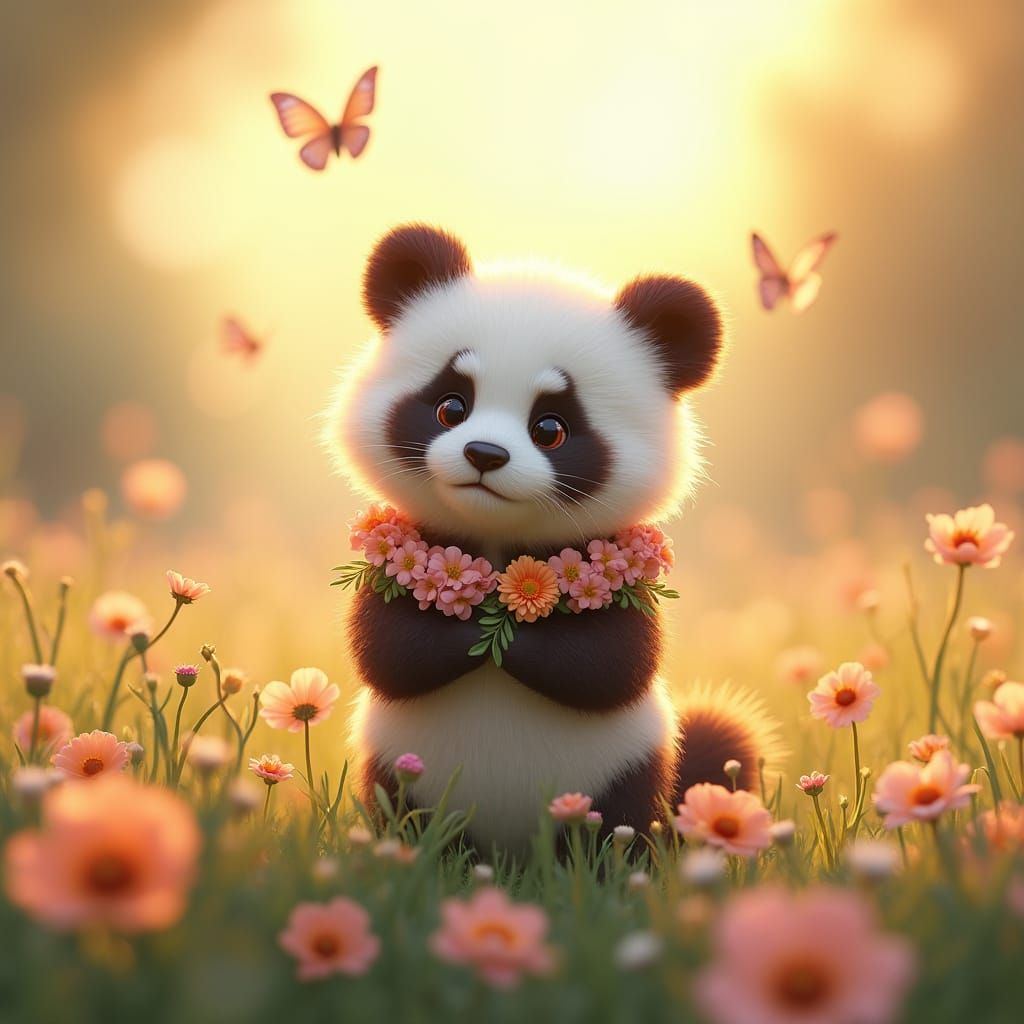 Panda in Wildflower Meadow at Sunset