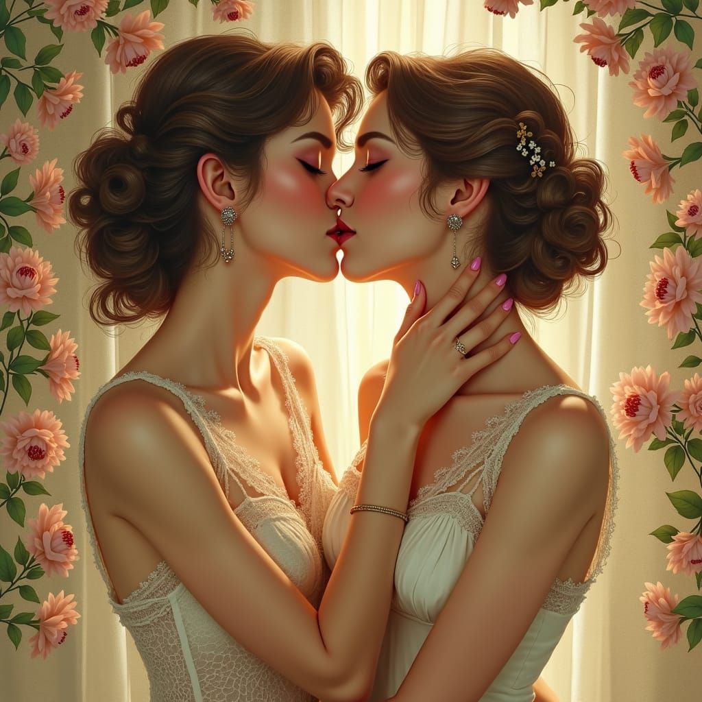 Romantic Kiss in Art Nouveau Style