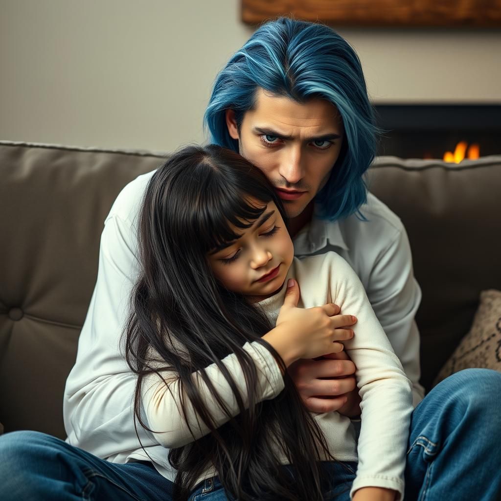 Worried Man Comforts Crying Girl: Digital Art