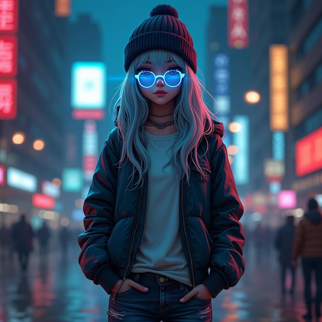 Cyberpunk Hacker Girl in Cityscape Poster Art