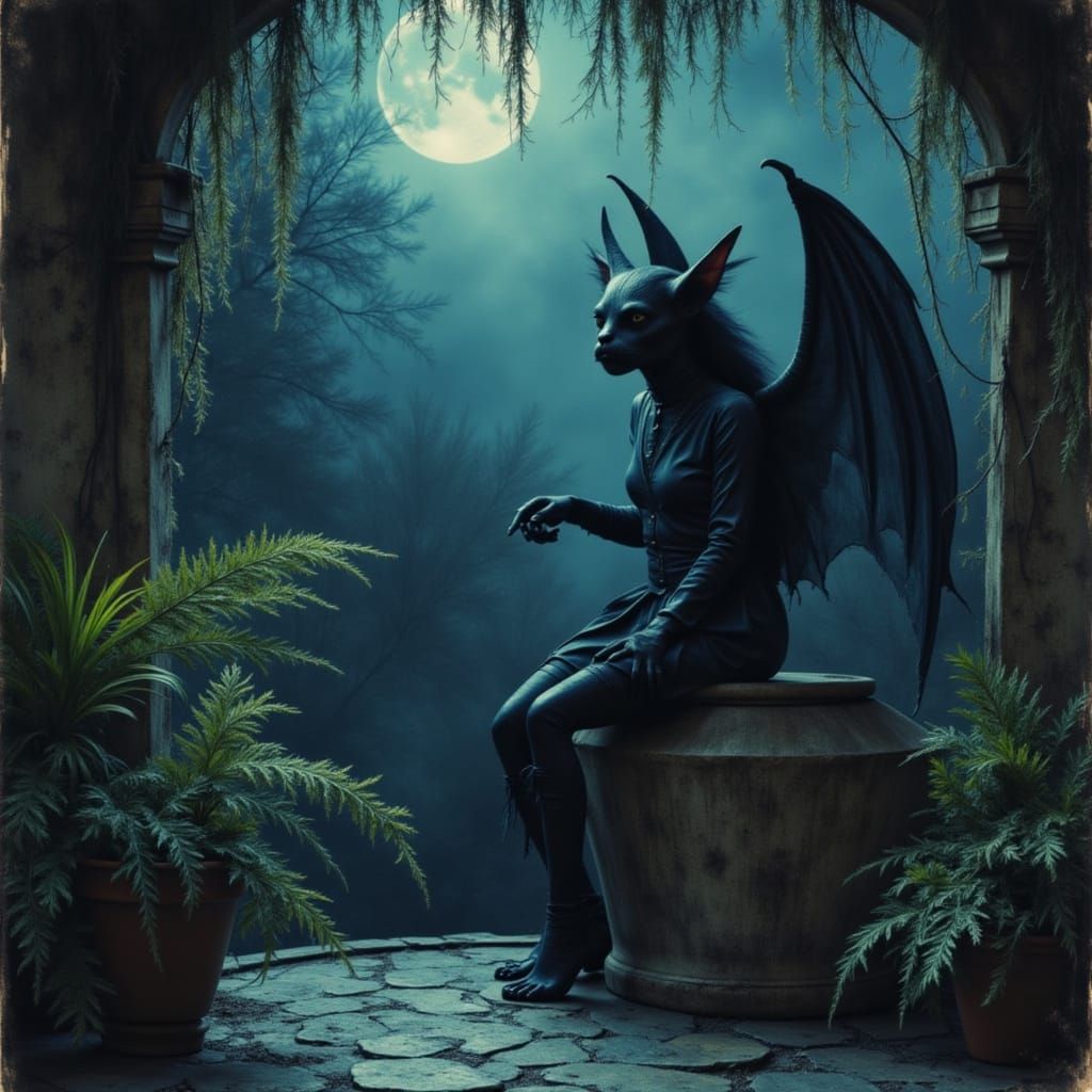 Indigo Gargoyle on Night Patio with Lush Plants