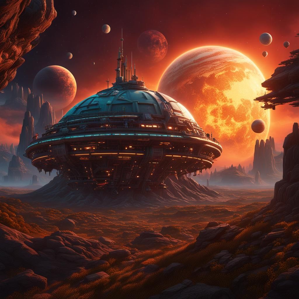 Green Planet Sunset with Red Moon and Spaceship