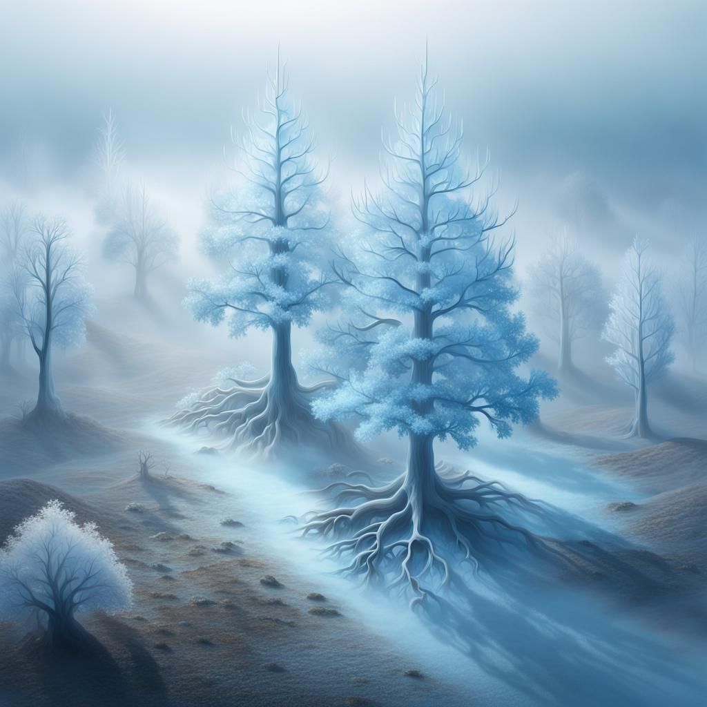 Crystal Trees in Fog: A Surreal Digital Painting