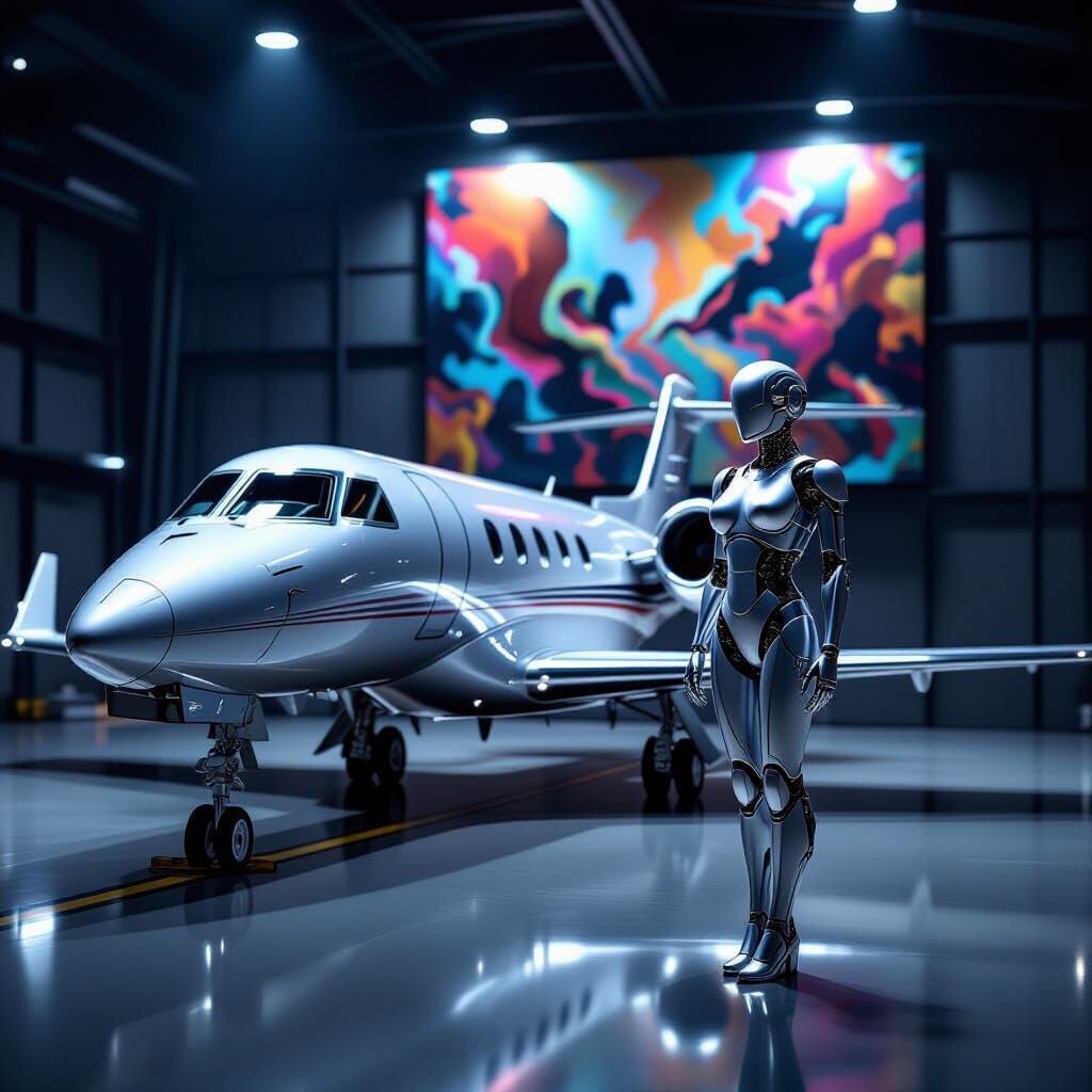 Robotic Woman and Lear Jet in Hangar