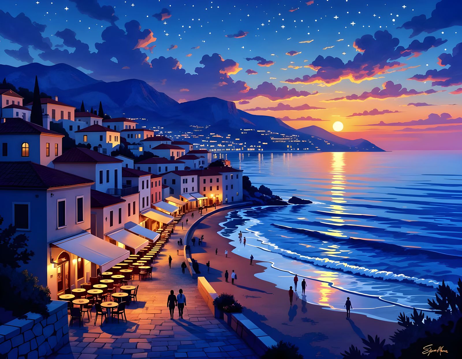 Mediterranean Beach Promenade at Sunset in Digital Painting ...