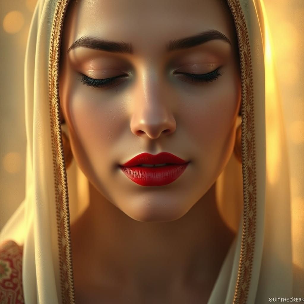 Gentle Woman with Crimson Lips Conveys Compassionate Mercy