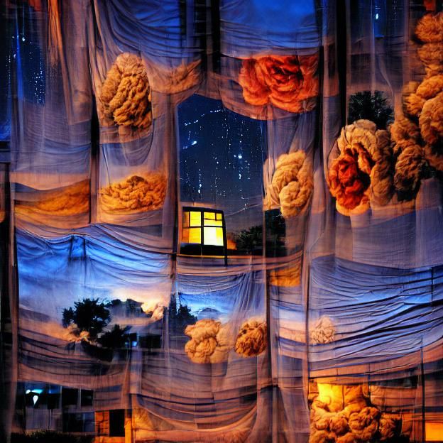 Night Sky View Through Flowing Silk Curtains