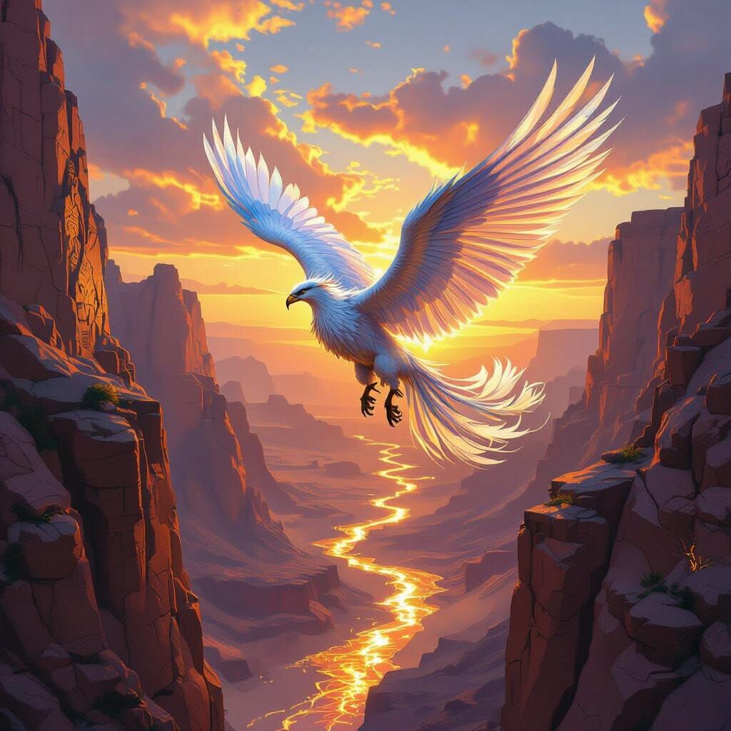 Griffin Soaring Through Canyon at Sunset