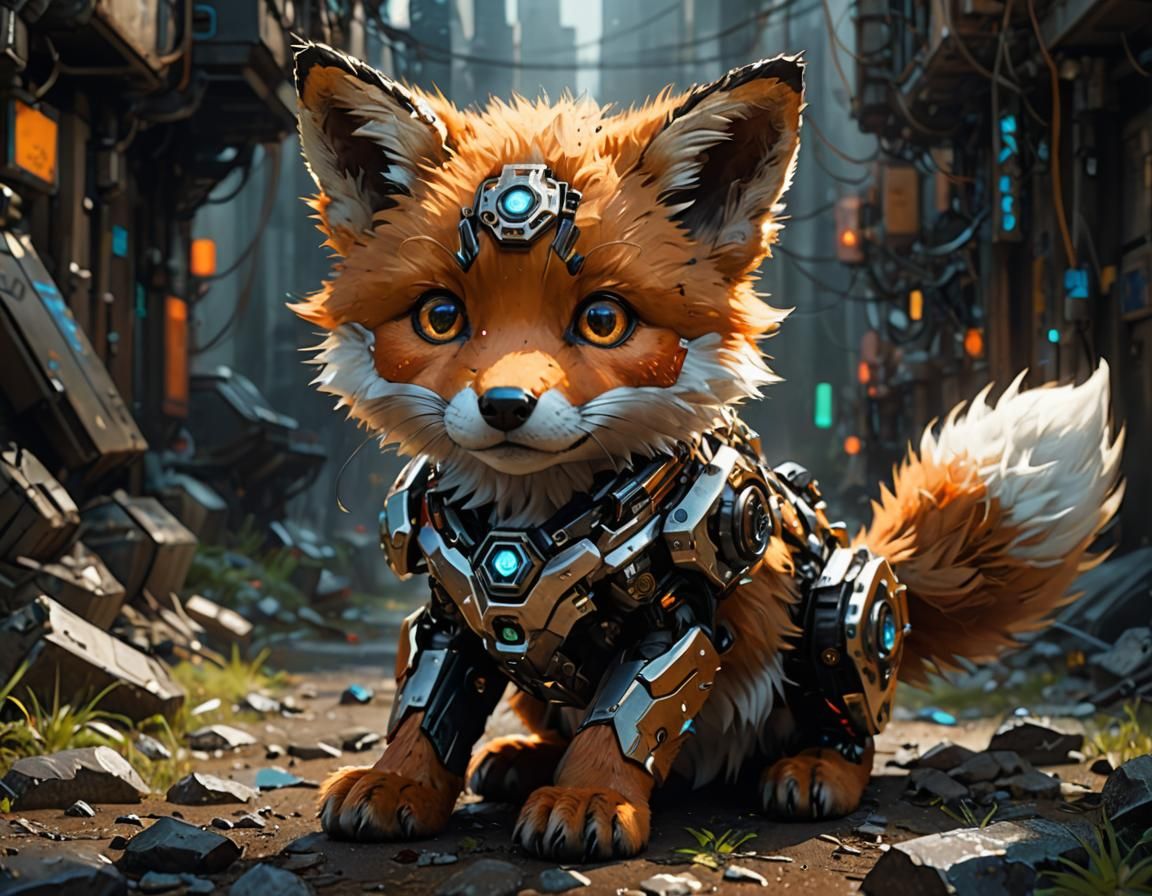Adorable Cyborg Fox Pup with Intricate Details