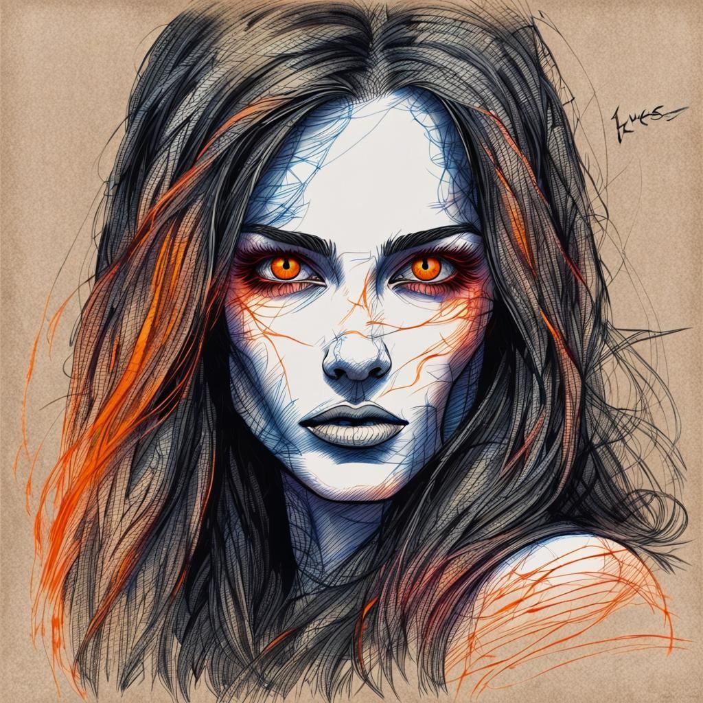 Grunge Drawing of Haunted Woman with Glowing Orange Eyes