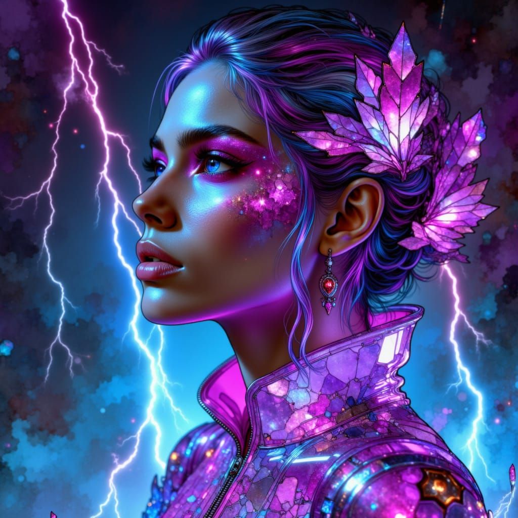 Cyberpunk Portrait with Glitching Neon and Lightning