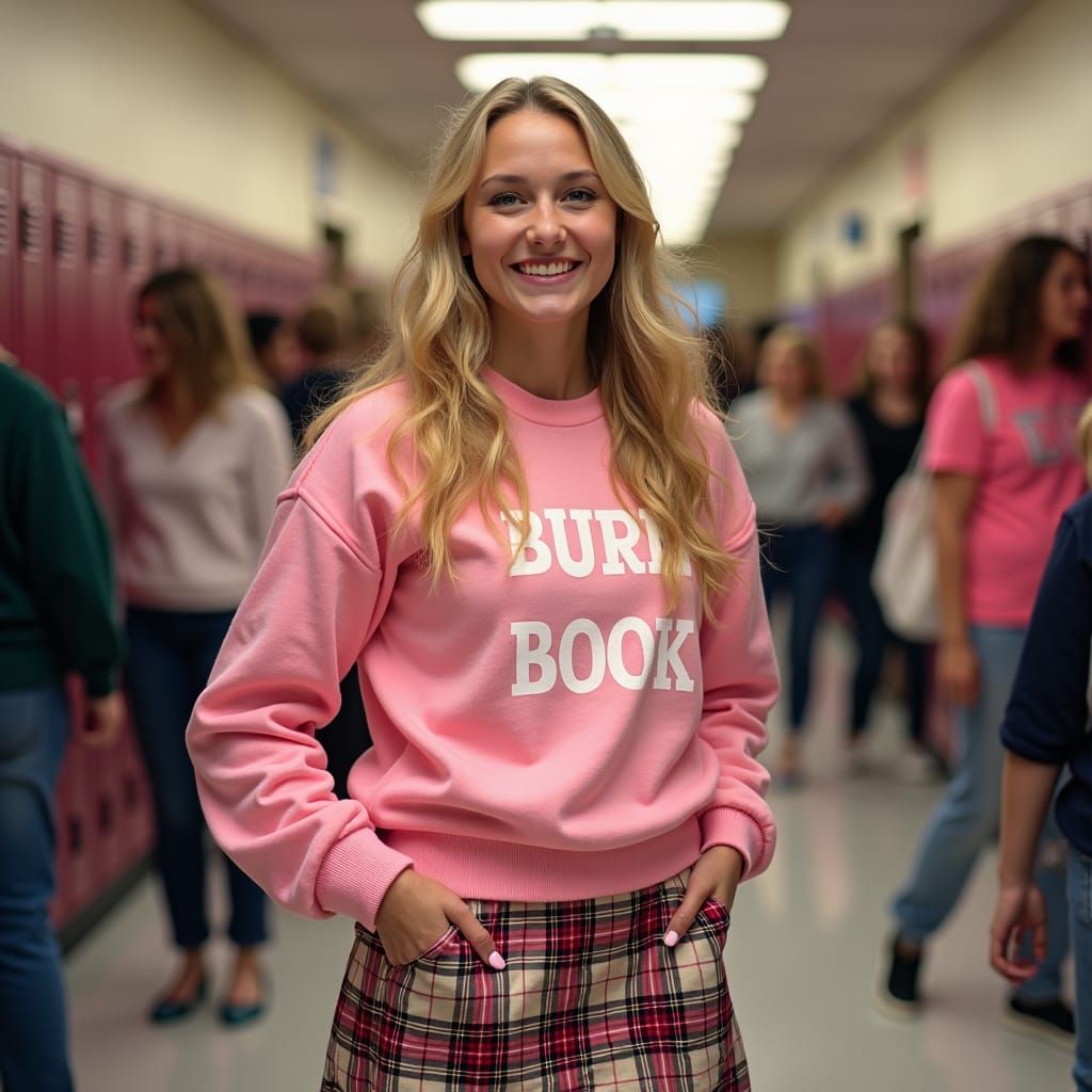Confident Queen Bee Regina George in Pastel Pink Outfit
