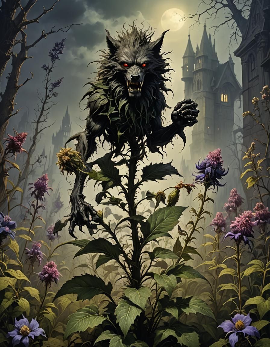 Gothic Wolfsbane Flower and Werewolf Illustration