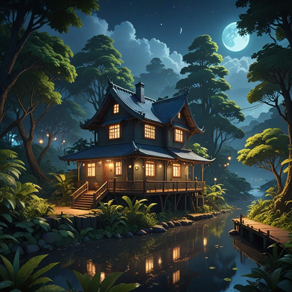 Cozy Rainforest Riverhouse in Vibrant Nighttime