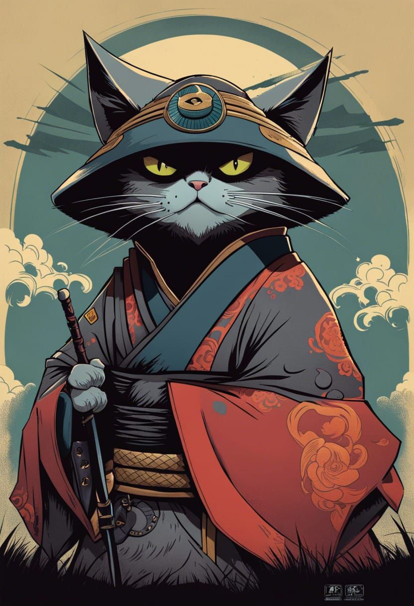 Samurai Cat in Inkpunk Cel-Shading Style