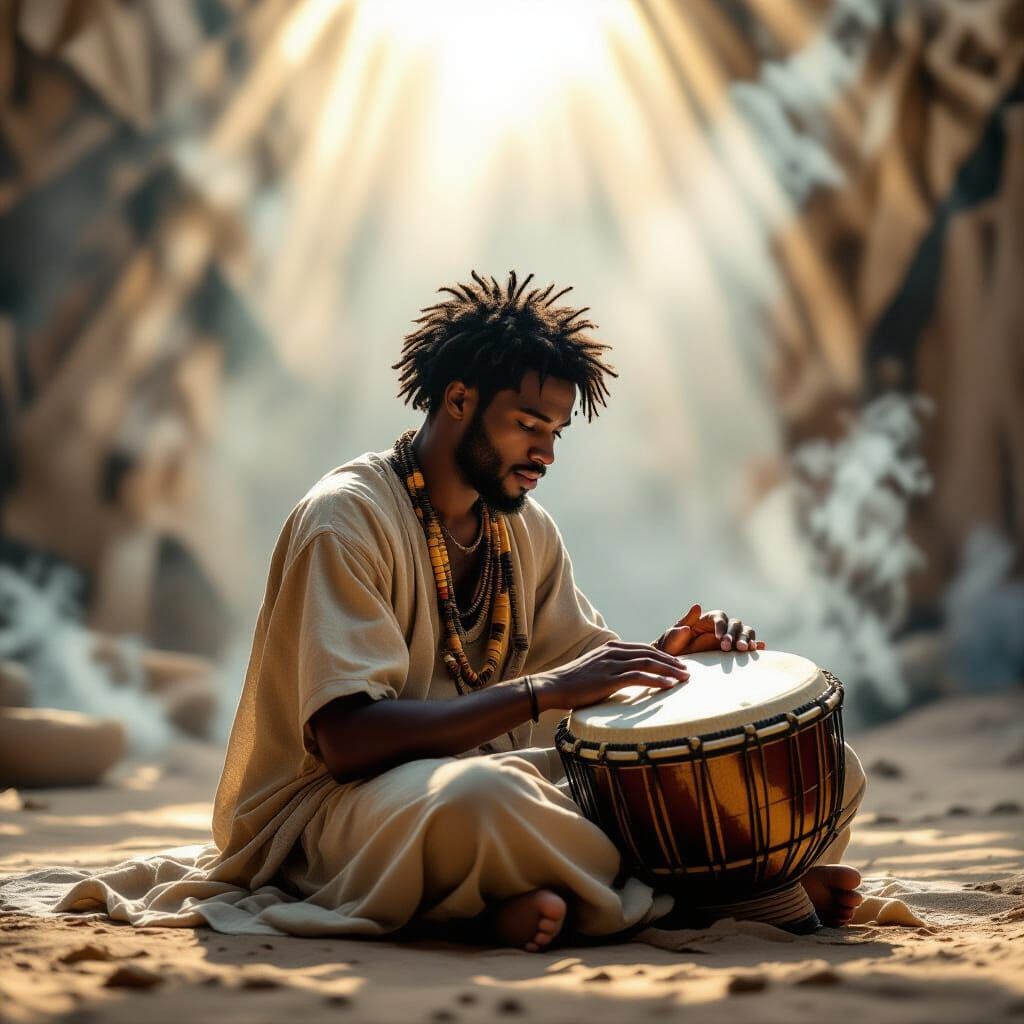 African Man in Pain Amidst Mystical Drum Light