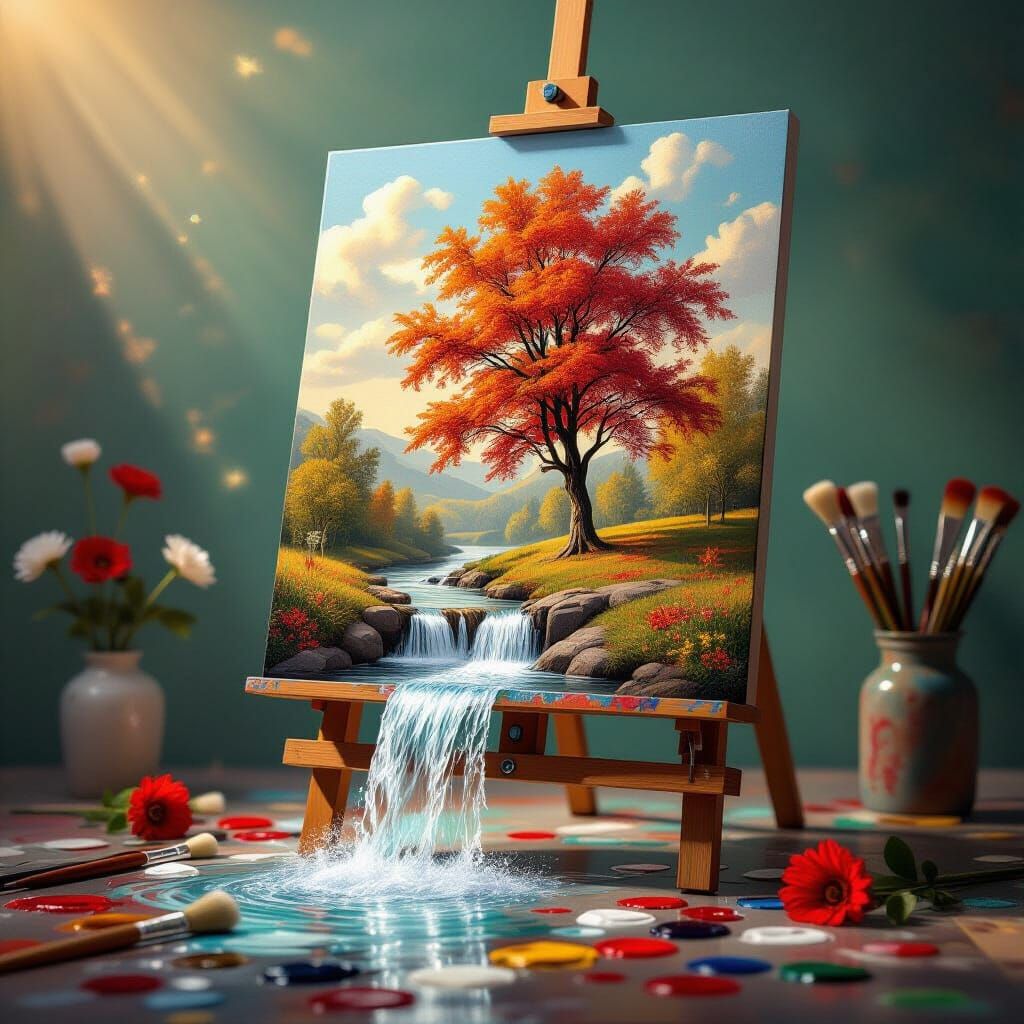 Surreal Autumn Tree Waterfall Spills From Canvas