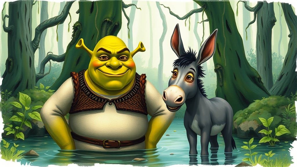 Ogre and Donkey Standing Together in Whimsical Swamp Scene