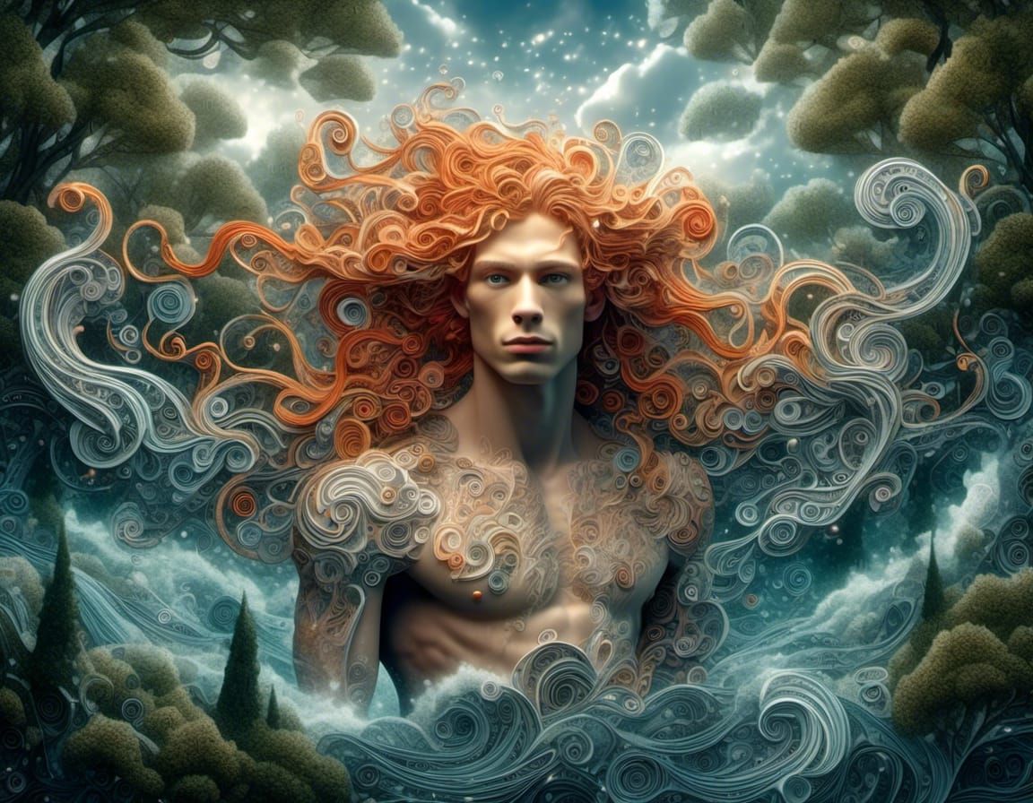 Surreal Ginger Man Entwined in Fantasy Landscape