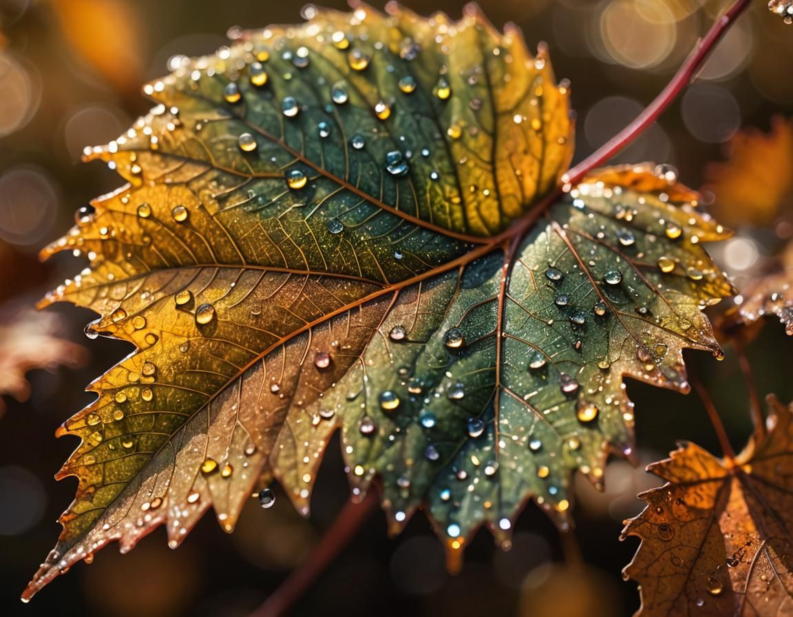 Macro Photo of Autumn Leaf with Dew Drops