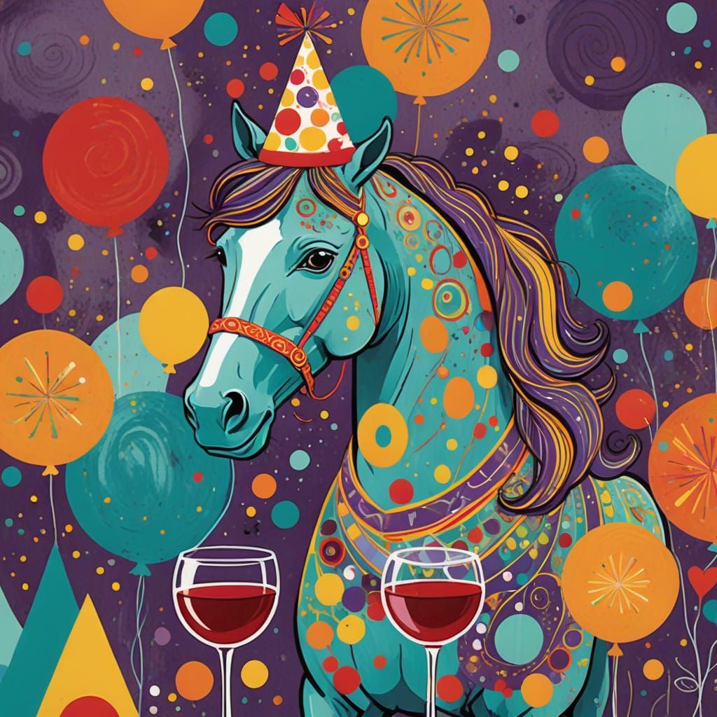 Vibrant Cartoon Horse Sips Wine in Whimsical Cafe