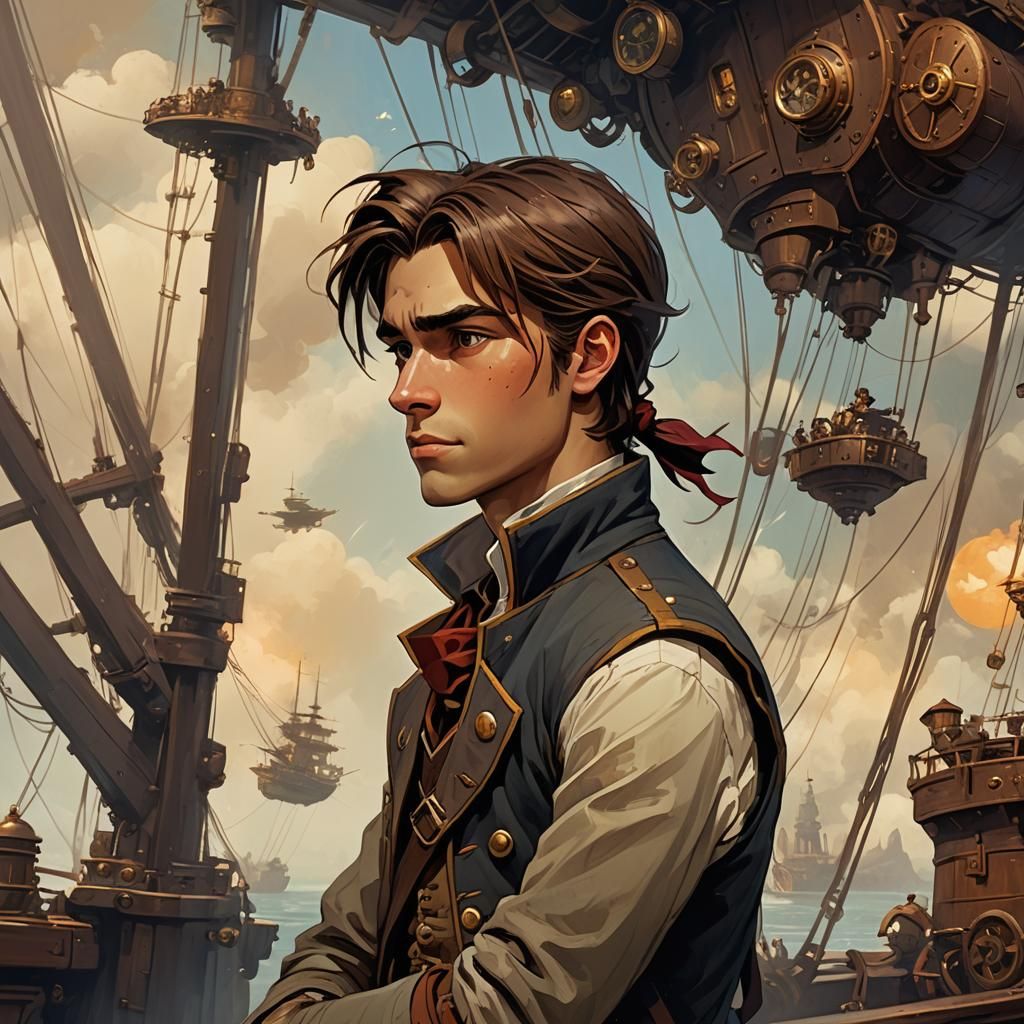 Jim Hawkins on Steampunk Ship in Classic Disney Style