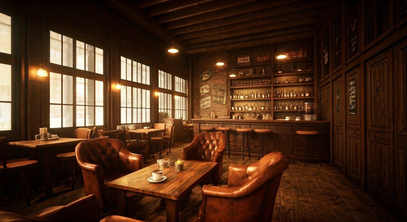 Cozy Coffee Shop Scene in Warm, Inviting Nostalgic Style