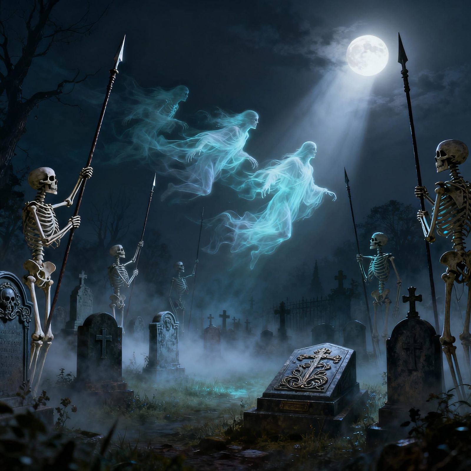 Moonlit Skeletons Guarding Cemetery with Ethereal Spirits