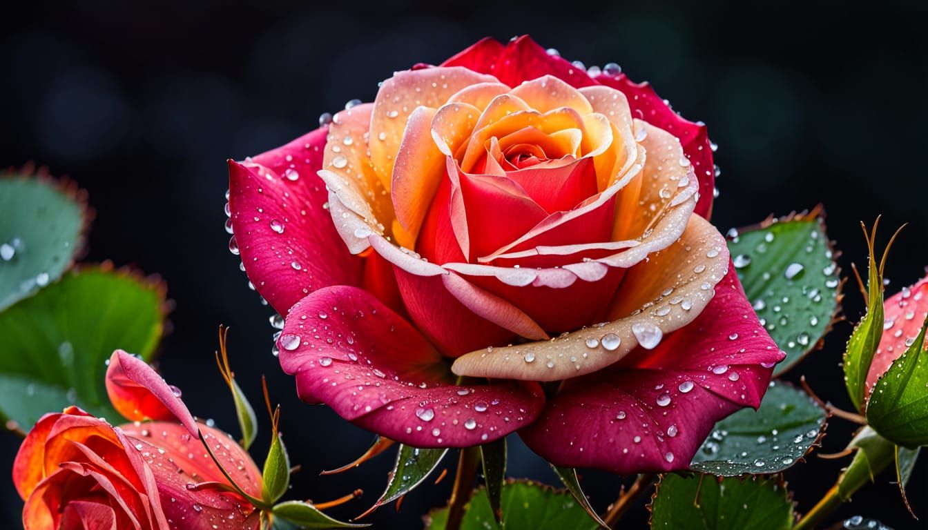 Dew-Kissed Rose with Gradient Petals, Hyperrealistic Photo