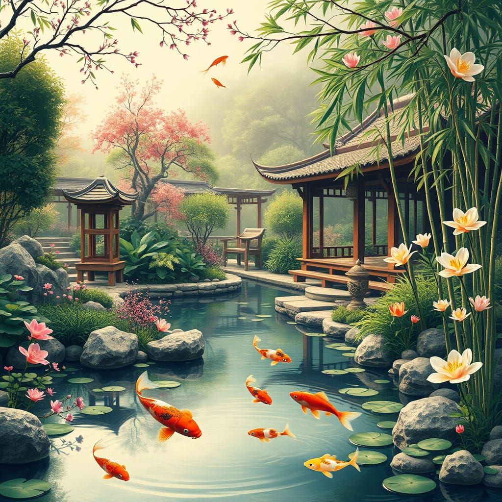 Ethereal Oriental Garden in Pop Art Style