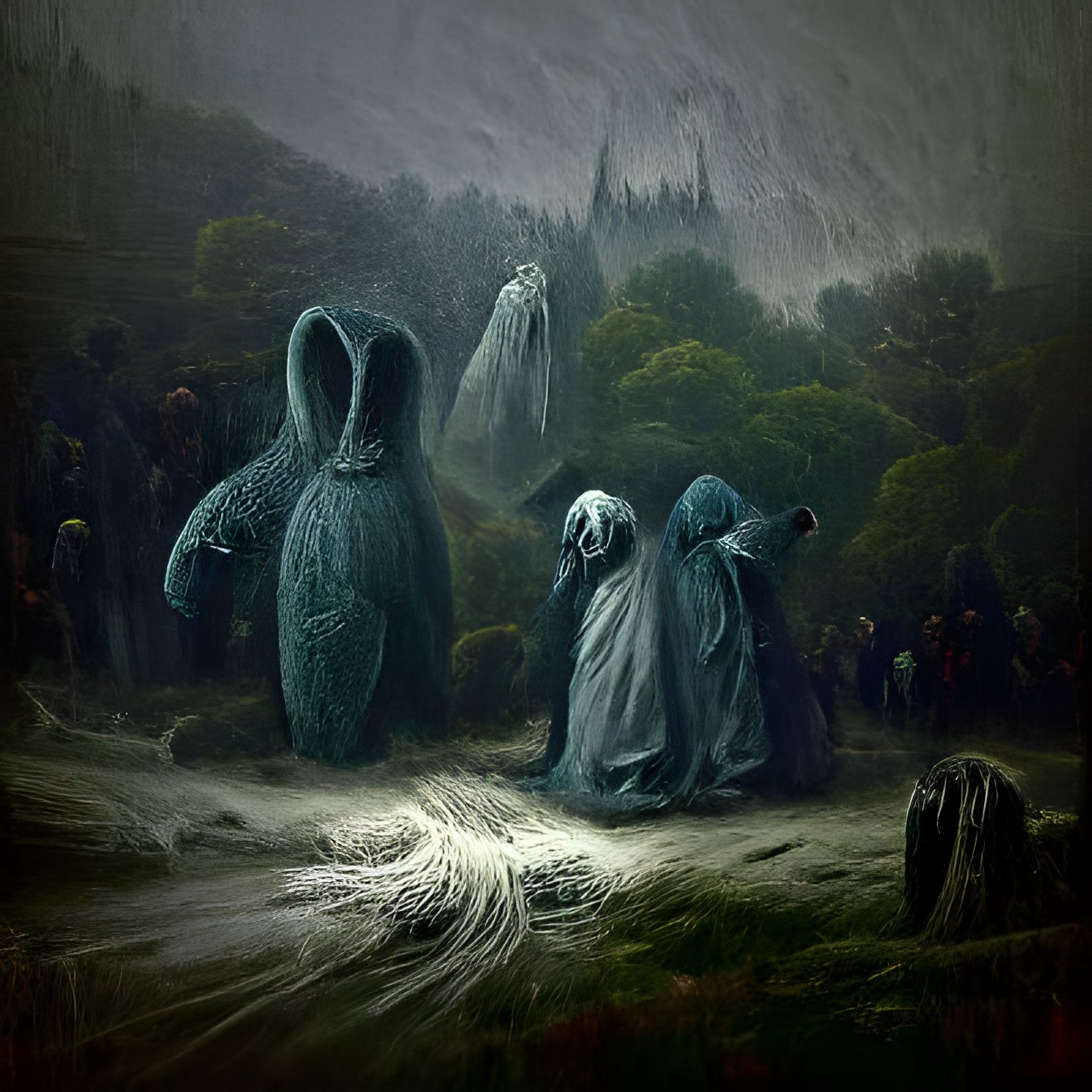 Sinister Figures in a Misty Hollow of Decay