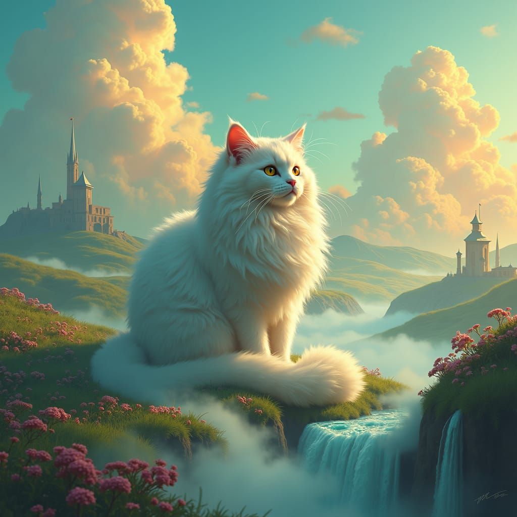 Dreamy Cat in Cloudscape: Matte Painting Style