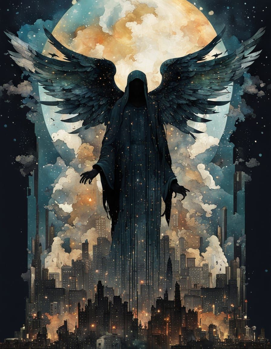 Winged Angel of Death Surrounded by Vibrant Galaxy and Urban...