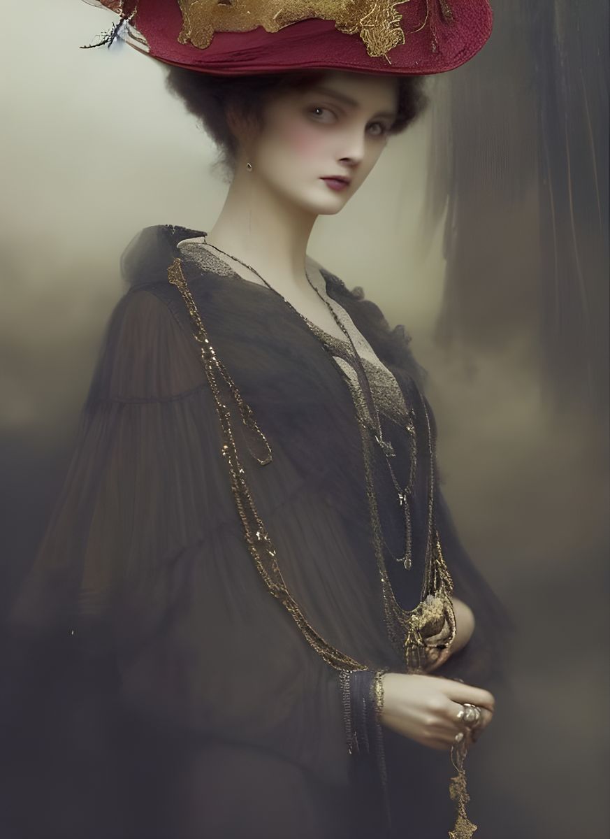 Victorian Lady with Golden Spiders in Engraving Style