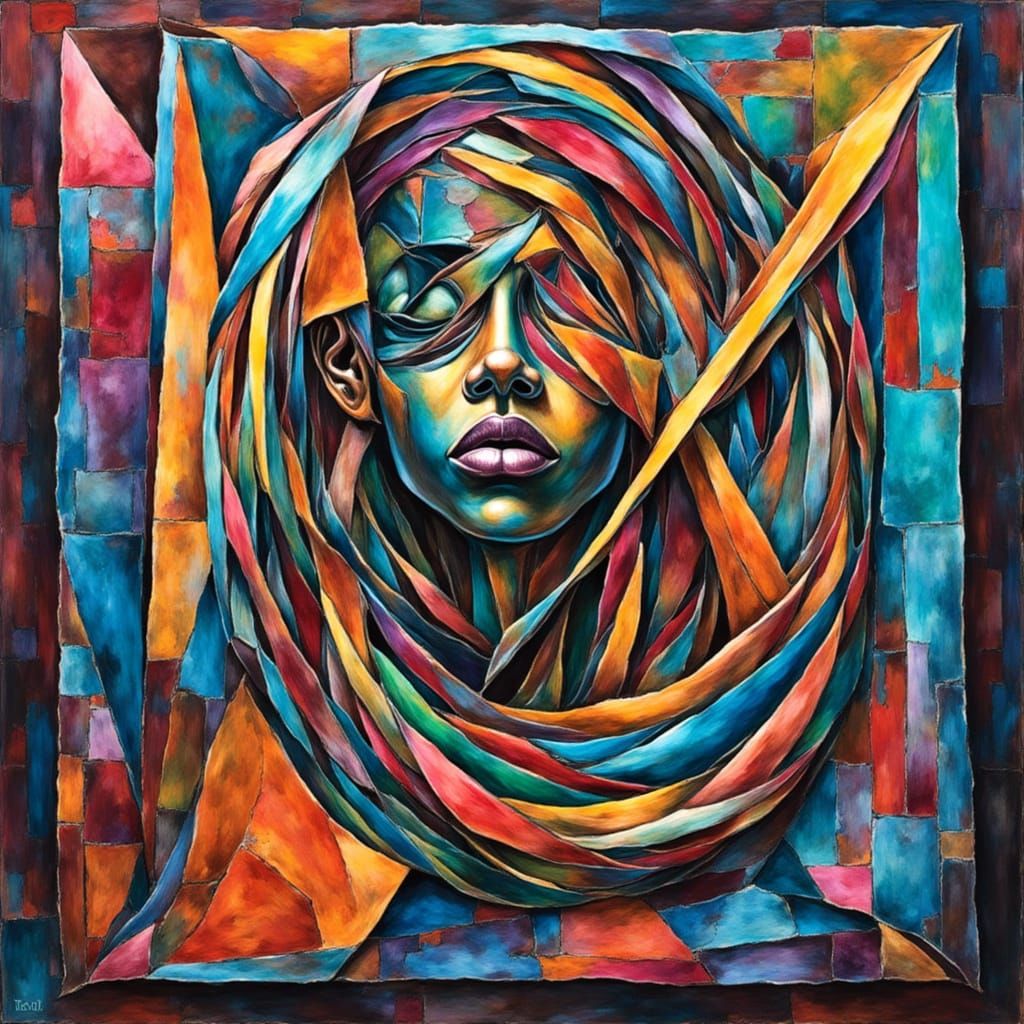 Surreal Abstract Portrait: Woman in Geometric Dreamscape