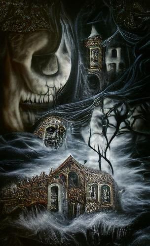 Darkly Graphic Haunted House Oil Painting