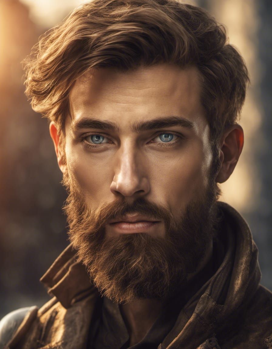 Very good looking man with beard.  Photo realistic 8k, brown hair. Grey clear eyes. Rogue. Smooth skin perfect features....