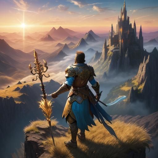 Heroic Warrior on Mystical Mountain in Fantasy Art Style