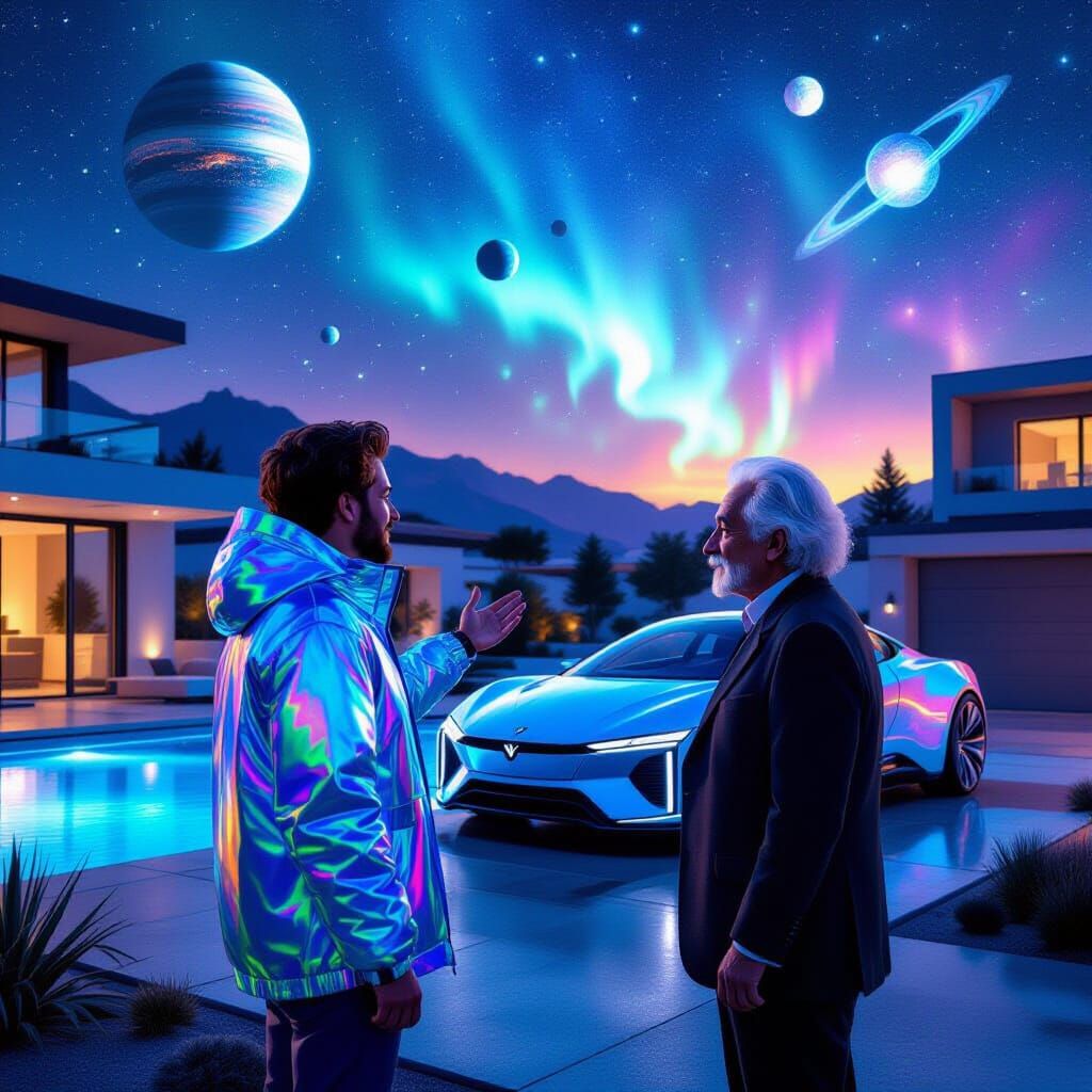 Solarpunk Scientist Meets Einstein in Futuristic Neon City