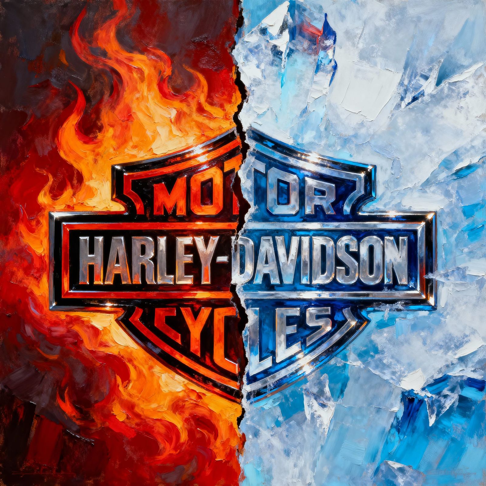 Epic Oil Painting of Harley Davidson Fire and Ice Logo