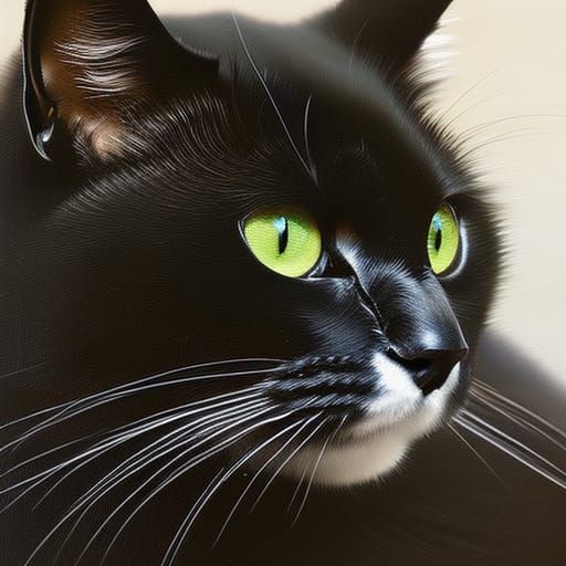 Fluffy Black Cat with Blue Eyes as Oil Painting