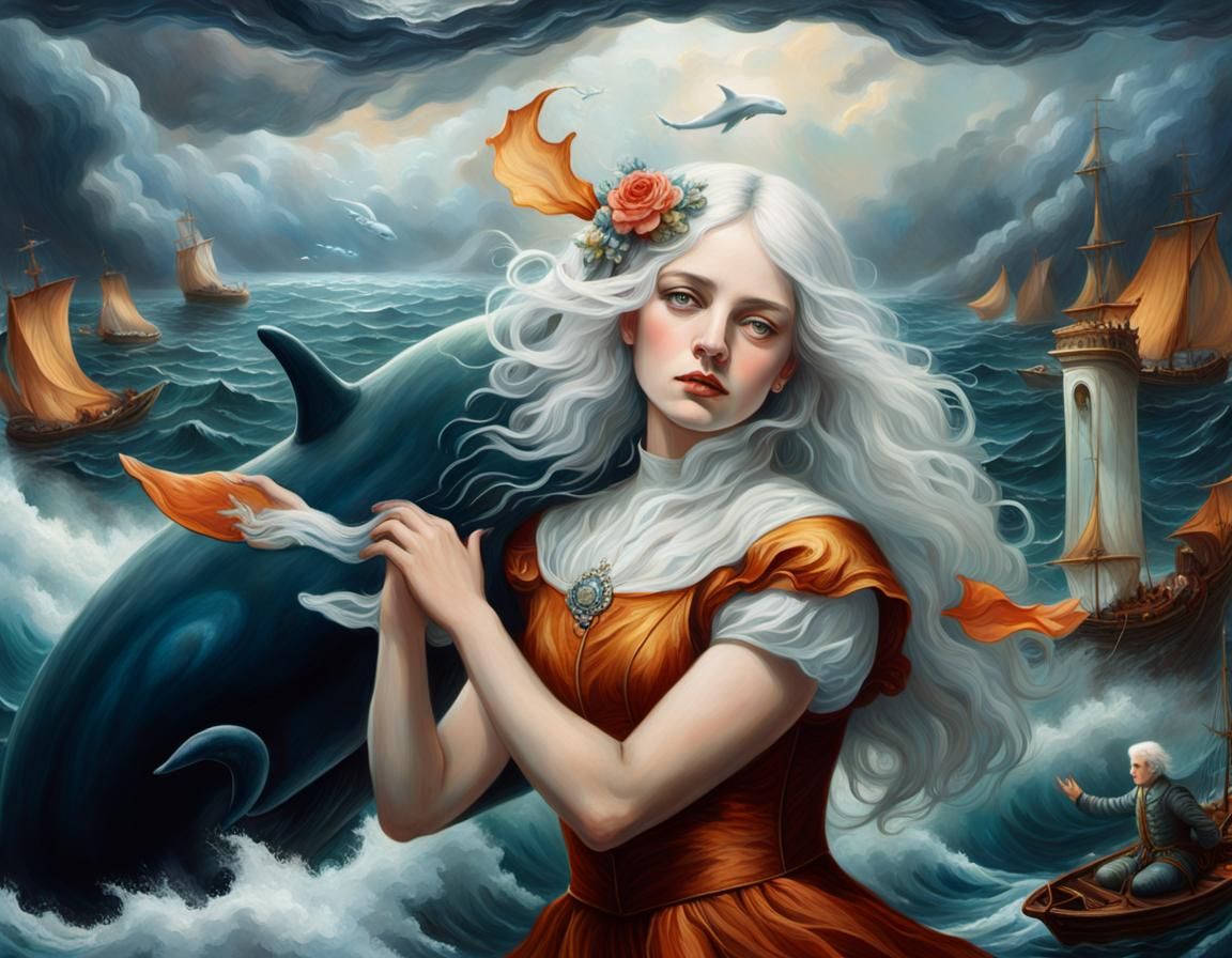 Woman Rides Whale in Stormy Ocean, Pre-Raphaelite Painting