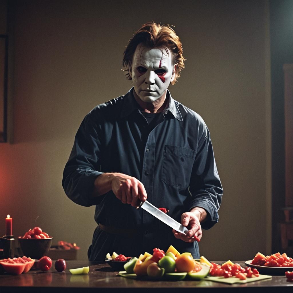 Michael Myers Plays Fruit Ninja: Horror Film Still