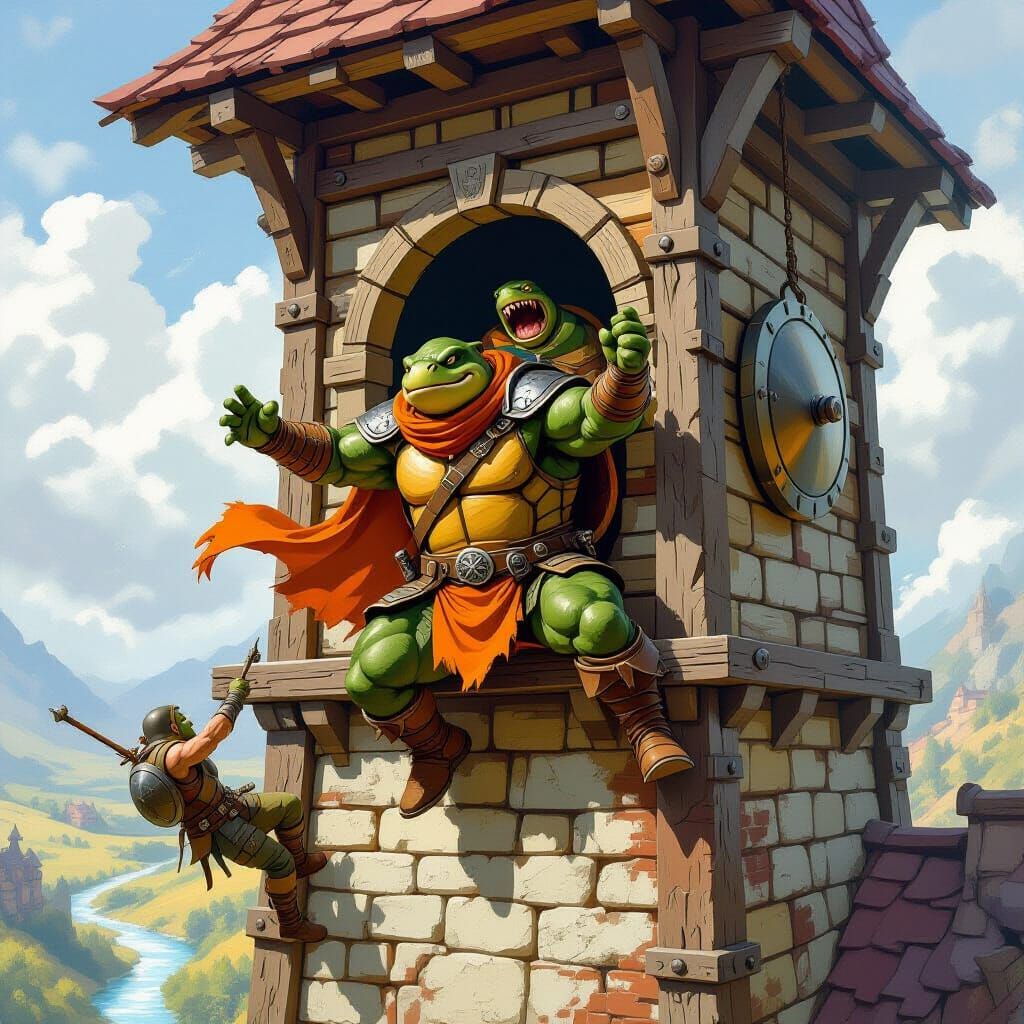 Muscular Tortle Throws Orc From Watchtower Over Stream