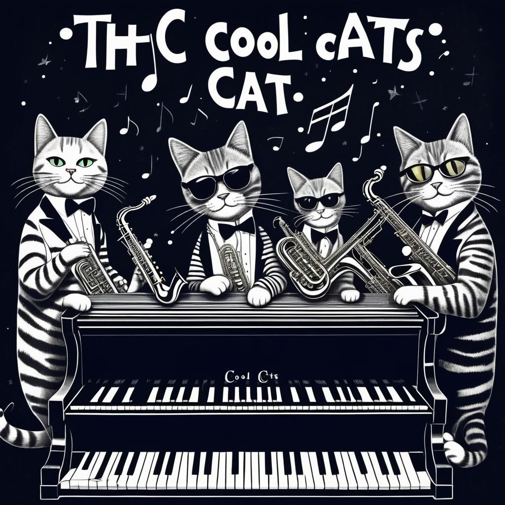 musician cats on a record album cover,  cat playing piano, s...