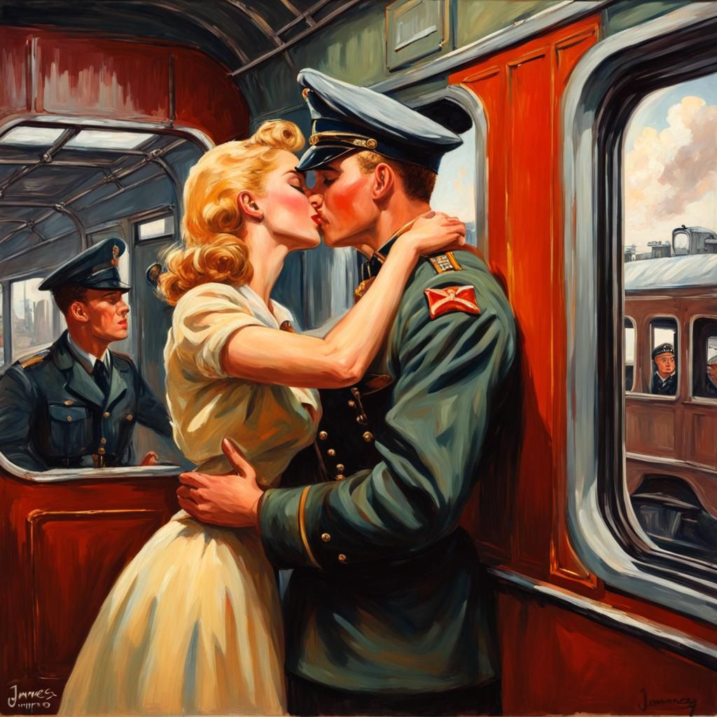 Farewell Kiss: 1950s Soldier Leaving by Train