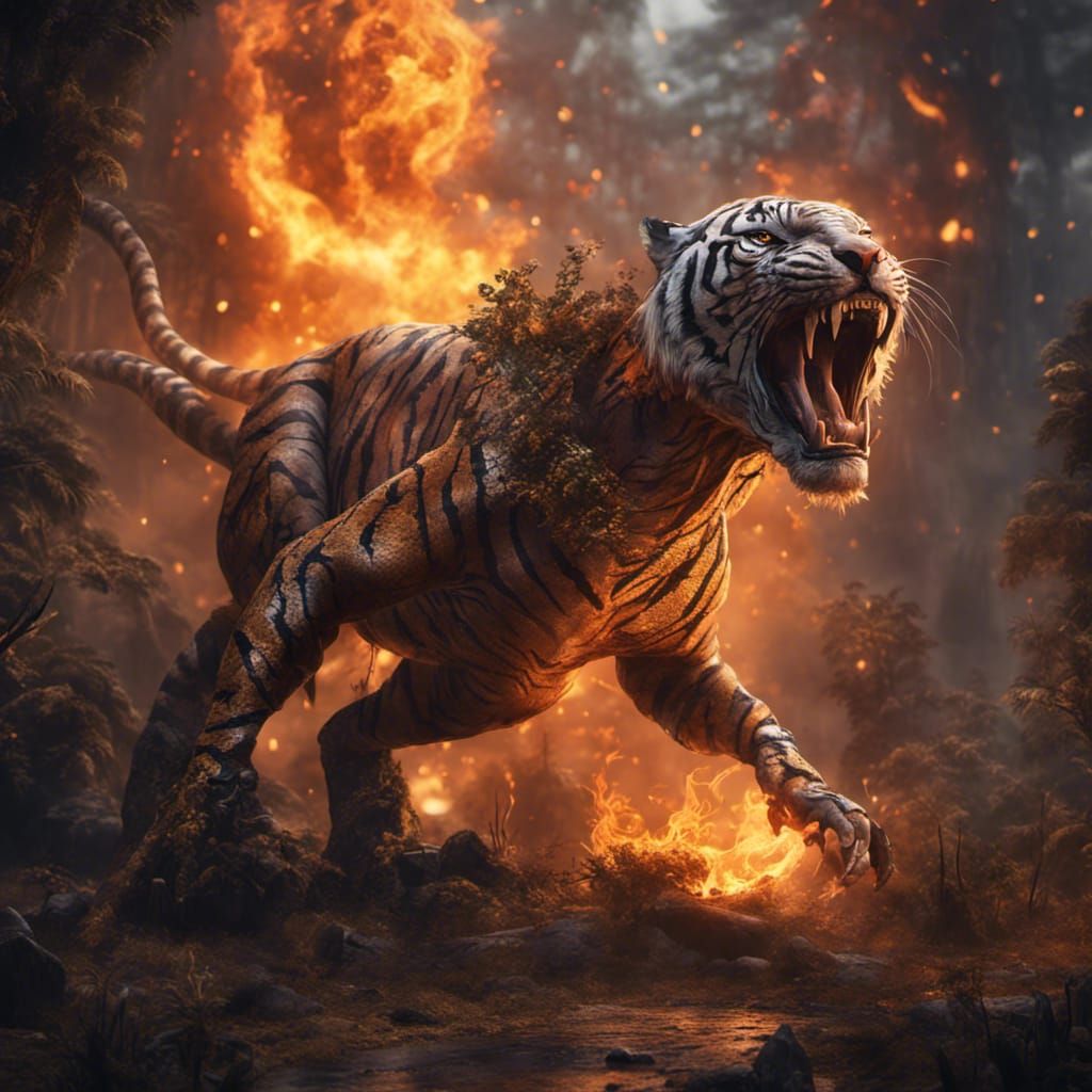 Fiery Tiger, Snake, and T-Rex Fantasy Art
