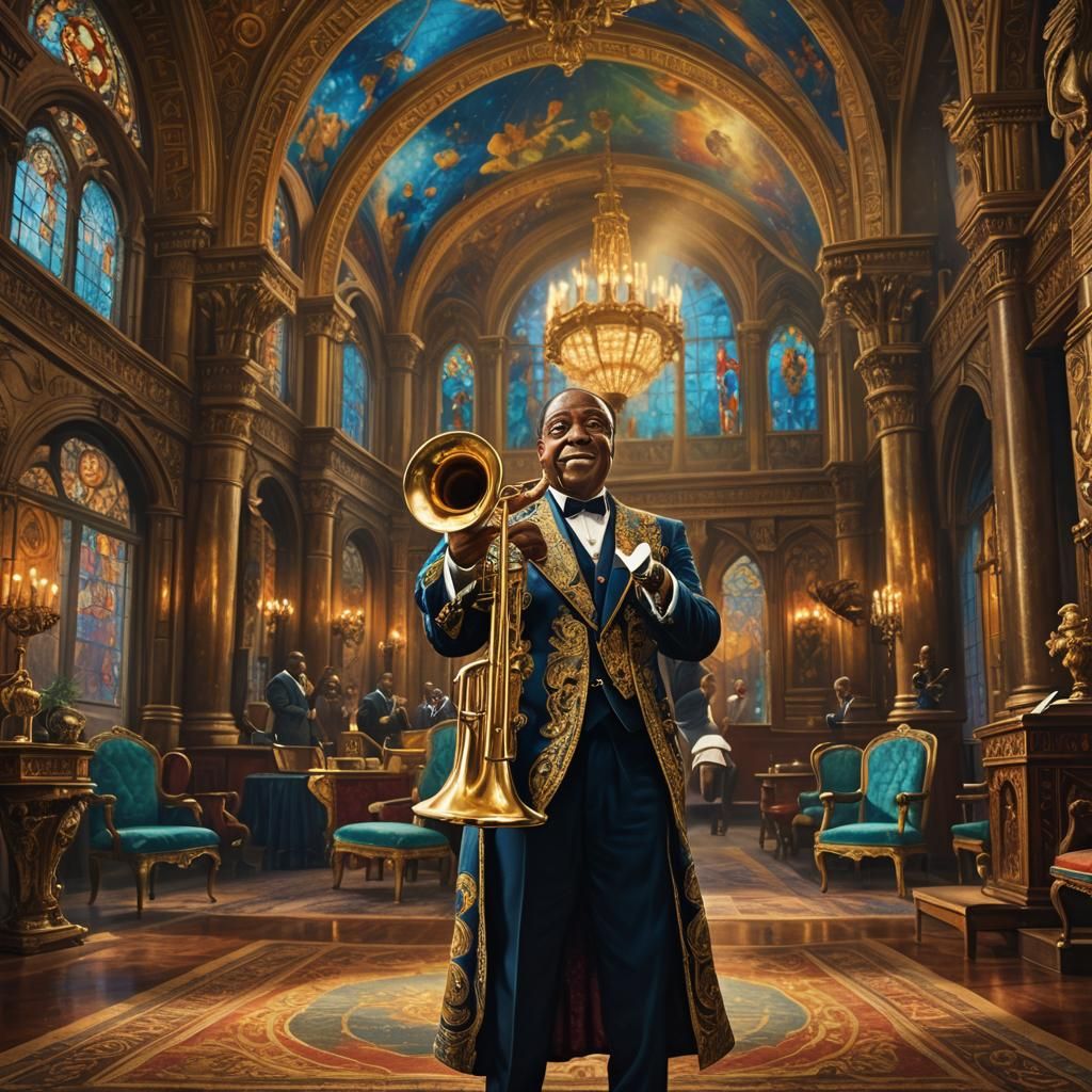Louis Armstrong as Royal Trumpeter in Ornate Hall