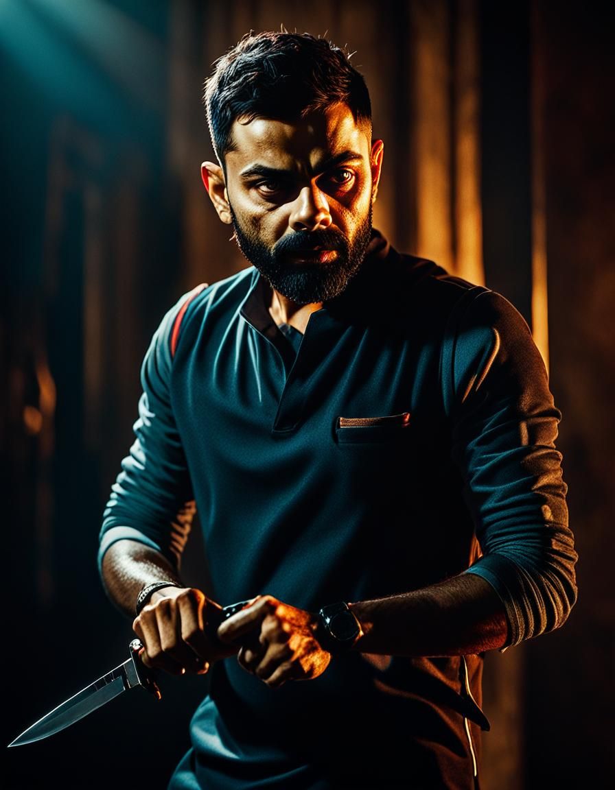 Terrified Man with Knife in Cinematic Film Still